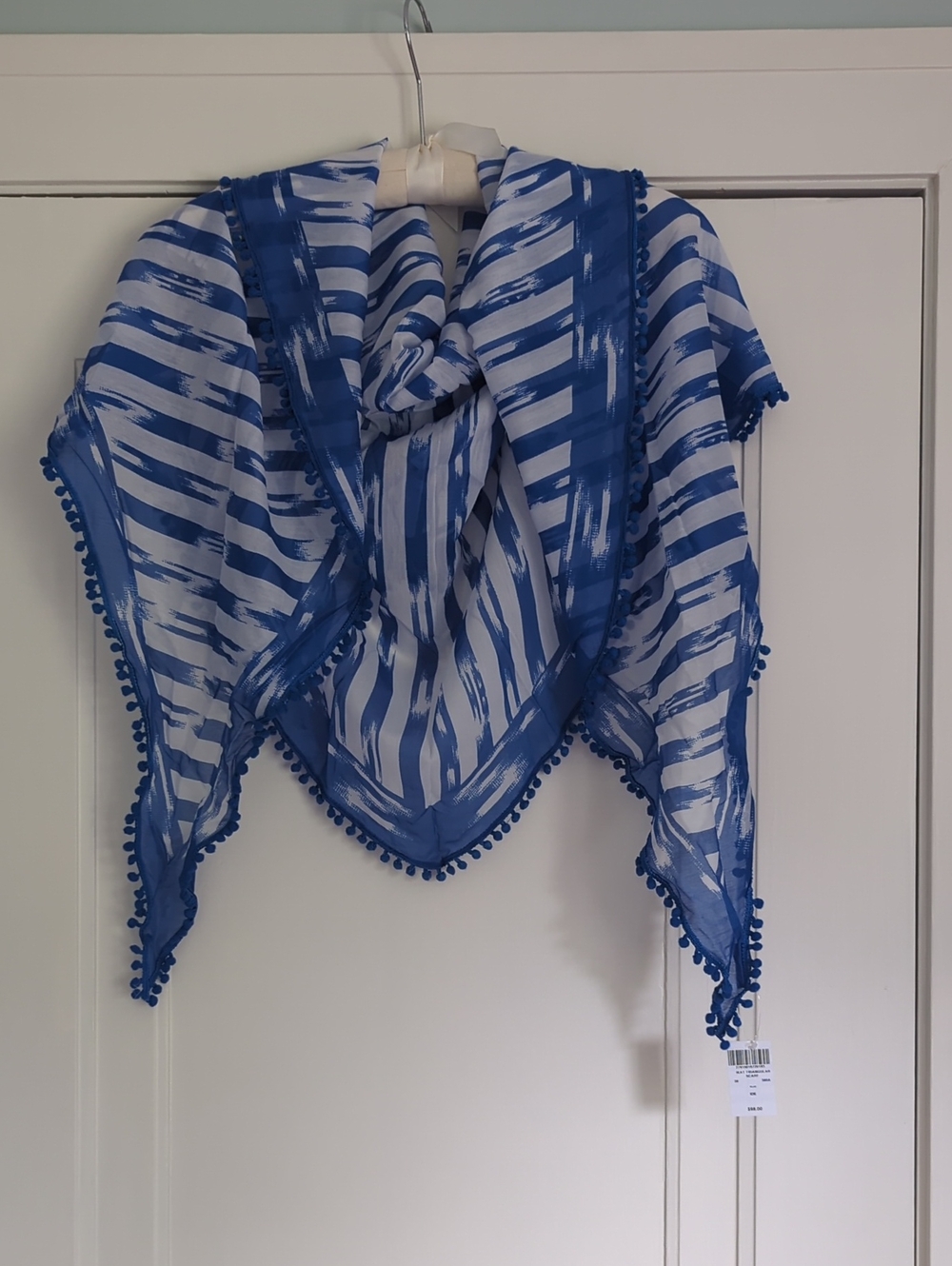 henri bendel Blue Striped Pom-Pom Trim Scarf